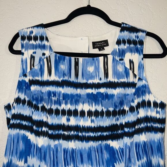 Tahari Arthur S. Levine Blue Ikat Print Linen‎ Blend Dress Size 10 - Picture 3 of 11